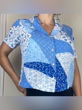 Rose & Olive Blue White Floral Patchwork Button Shirt Size S NEW Relaxed Fit